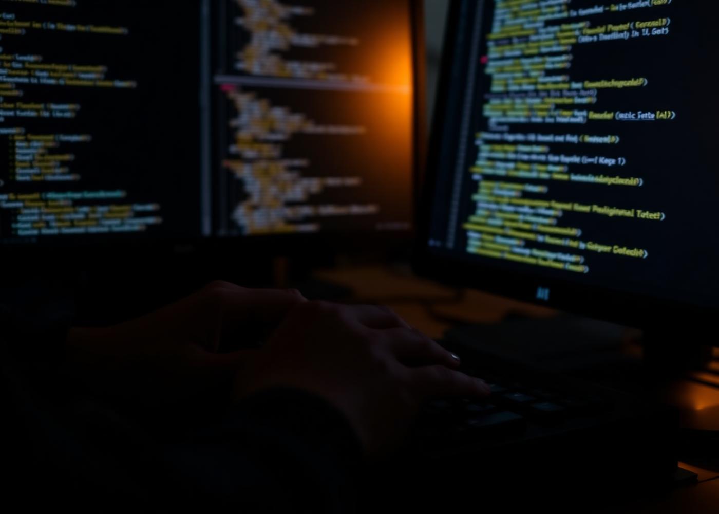 Developer writing code on multiple dark monitors in a low-lit workspace