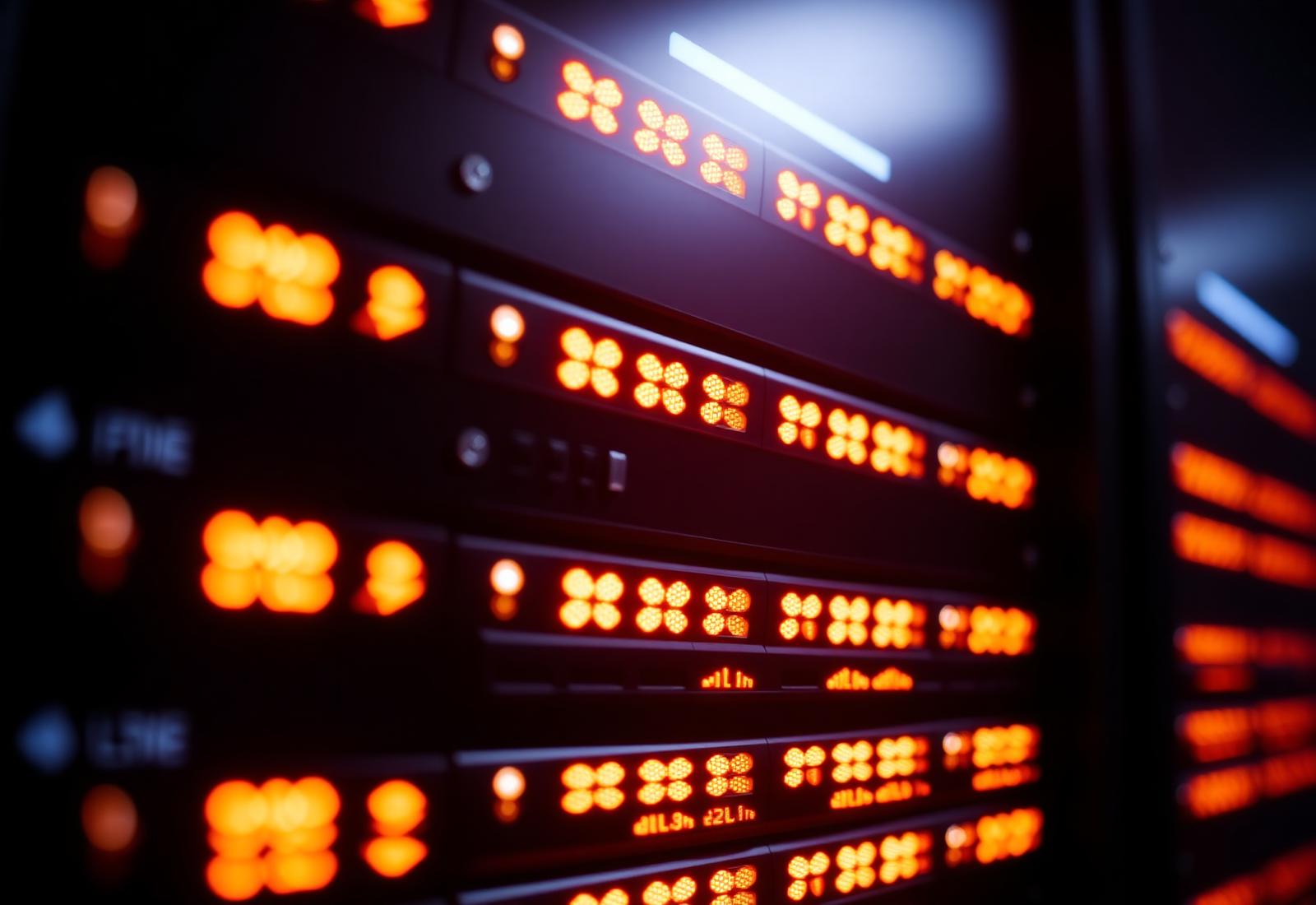 Server hardware with warm status lights, representing web application infrastructure