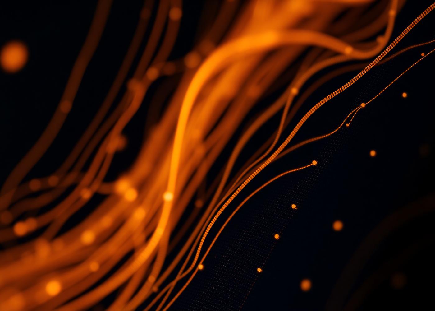 Abstract representation of secure encrypted data flowing across a dark surface